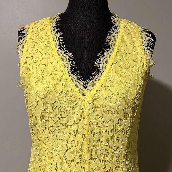 H&M Women's Yellow Sleeveless Zip V-Neck Lace Floral Sheath Dress Small - Picture 2 of 8
